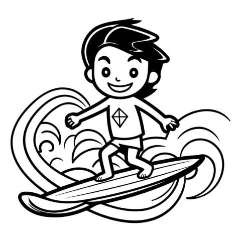 Boy with surfboard - Black and White Cartoon Illustration. Vecto