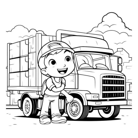 Black and White Cartoon Illustration of Cute Little Boy in Hard