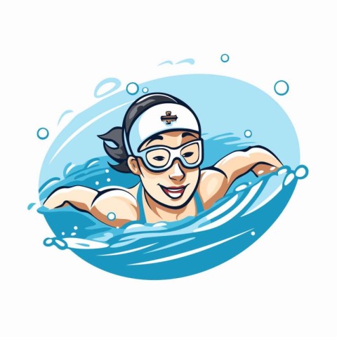 Swimmer in a cap and glasses swimming in the pool. Vector illust