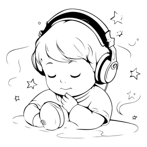 Cute little baby boy listening to music with headphones. Vector