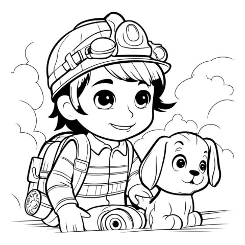 Black and White Cartoon Illustration of Little Fireman with Dog