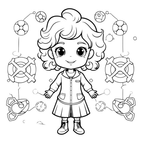 Coloring book for children: little girl playing soccer. Vector i