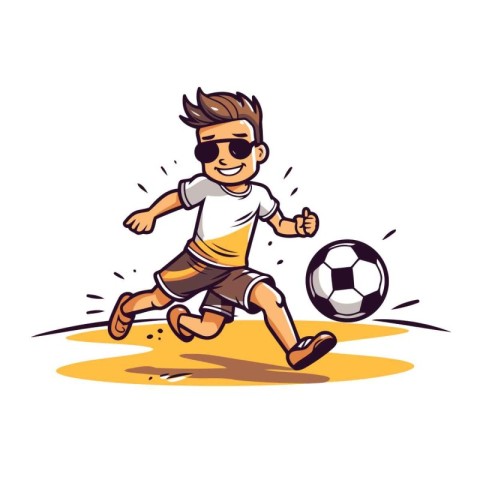 Cartoon soccer player kicking the ball. Vector illustration isol