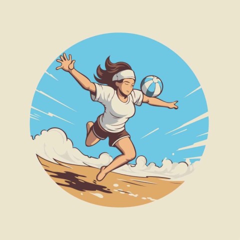 Illustration of a woman playing beach volleyball on the beach. v