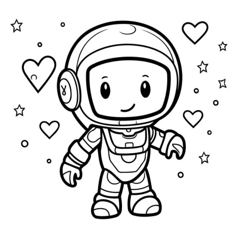 Coloring book for children. Astronaut in space suit with hearts