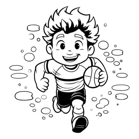 Black and White Cartoon Illustration of a Little Boy Playing Rug