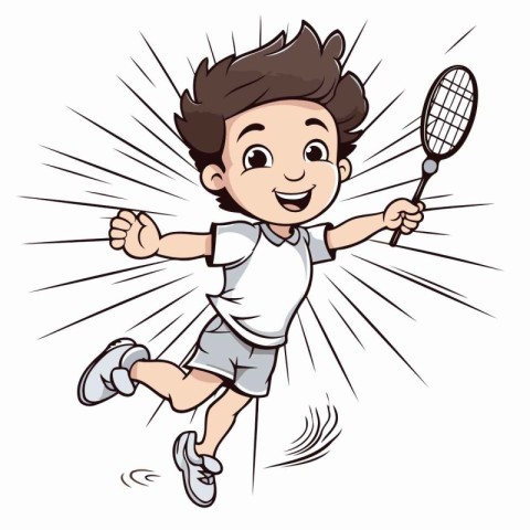 Boy playing badminton with a racket. Vector cartoon illustration