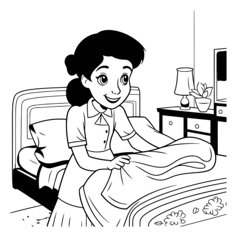 Girl sitting on the bed at home. Black and white vector illustra