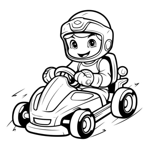 Cartoon illustration of a child driving a race car or kart.