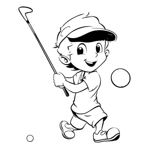 Boy playing golf - black and white vector illustration for color