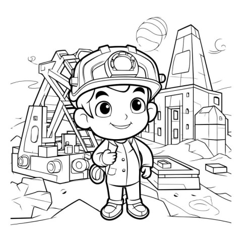 Black and White Cartoon Illustration of Little Boy Construction