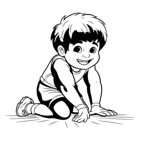 Little boy ready to start a race - black and white vector illust