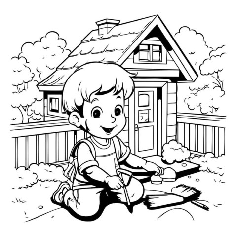 Boy with paint bucket and brush in front of house - black and wh