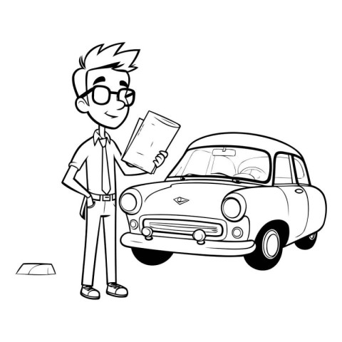 Man with newspaper and car cartoon black and white vector illust