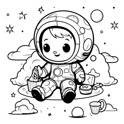 Cute little astronaut sitting on the cloud and eating popcorn. C