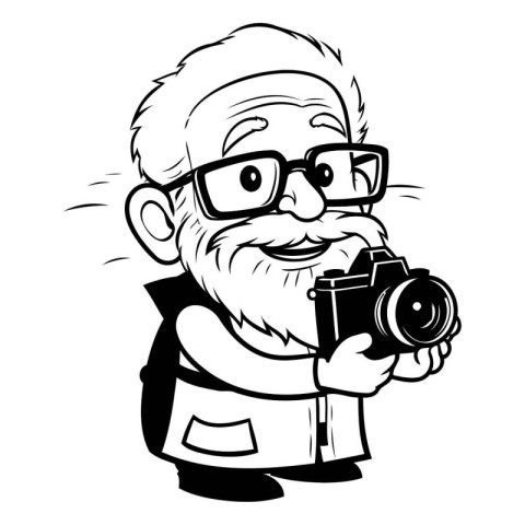 Grandfather with a camera - Black and White Cartoon Illustration