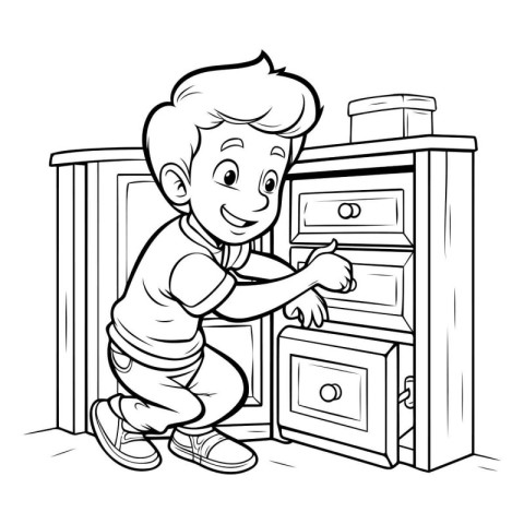 Black and White Cartoon Illustration of Kid Boy Playing with Dra