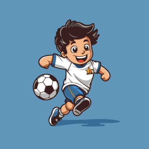 Cartoon soccer player running with ball isolated on blue backgro