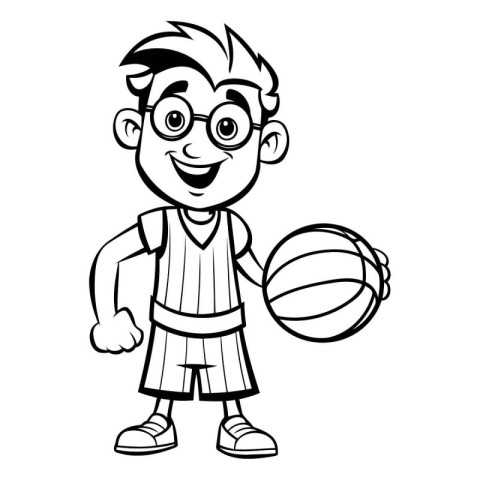 Black And White Cartoon Illustration of Kid Playing Basketball f