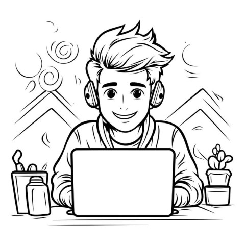 Young man working at home with a laptop and headphones. Vector i