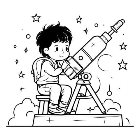 Boy using a telescope - Black and White Cartoon Illustration. Ve