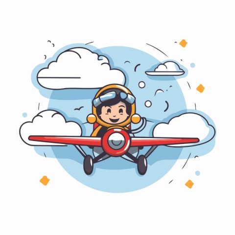 Cute little boy flying in a toy airplane. Vector illustration.