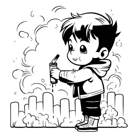 Boy spraying aerosol on the city. black and white vector illustr