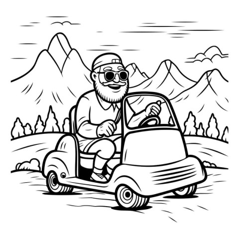 Grandfather driving a car in the mountains. Vector illustration