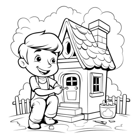 Black and White Cartoon Illustration of Kid Playing with a House