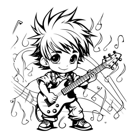 Boy playing the electric guitar. black and white vector illustra