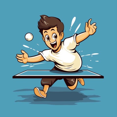 Illustration of a boy playing table tennis on a blue background.