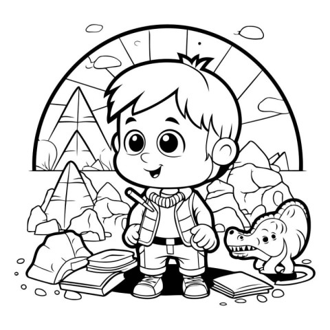 Black and White Cartoon Illustration of Kid Boy Exploring Nature