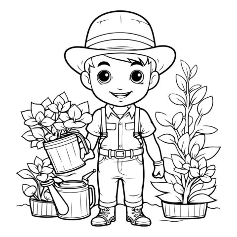 Coloring Page Outline Of cartoon farmer with watering can and fl