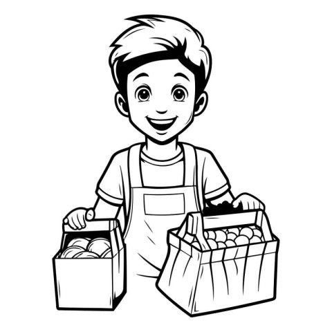 cute little farmer boy carrying box with food cartoon vector ill