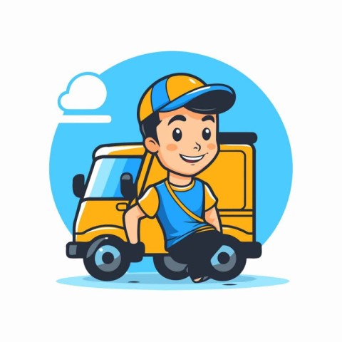 Courier delivery boy in uniform and cap with truck. Vector illus