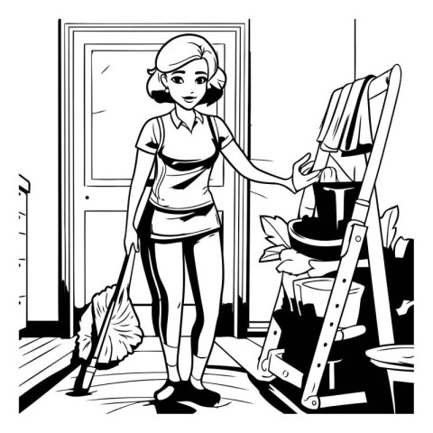 Housewife cleaning the house. Black and white vector illustratio