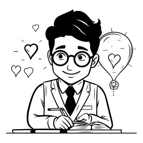 Black and White Cartoon Illustration of a Man Student Studying o