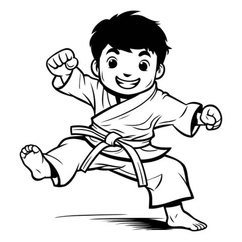 Karate Boy - Black and White Cartoon Illustration. Vector Image