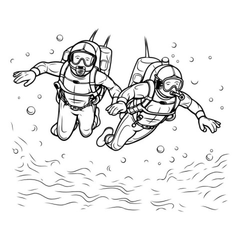 Two scuba divers jumping out of water. Black and white vector il