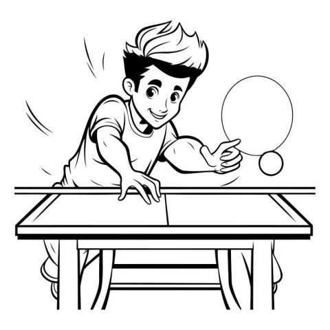 Boy playing table tennis. Black and white vector illustration fo