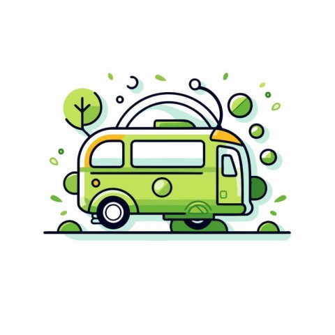 Camper van with green leaves. Vector illustration on white backg