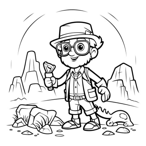 Black and White Cartoon Illustration of Boy Scout or Explorer Ch