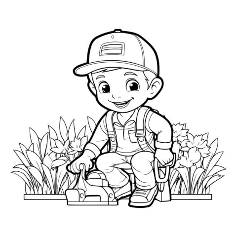 cute little gardener boy with tools cartoon vector illustration