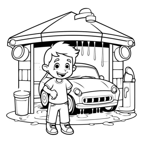 Black and White Cartoon Illustration of Kid Boy with Car in a Ca