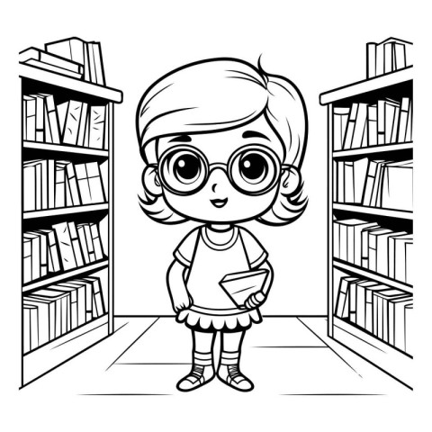 cute little girl reading a book in library cartoon vector illust