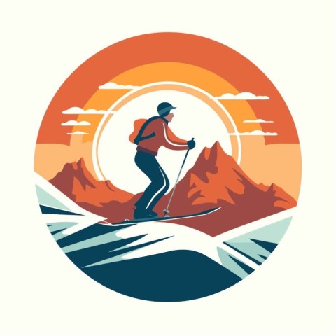 Skier in mountains. Extreme winter sport. Vector illustration in