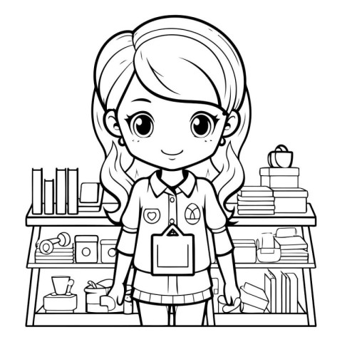 Coloring book for children: girl in school uniform with bookshel