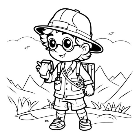 Black and White Cartoon Illustration of Cute Little Boy Scout or