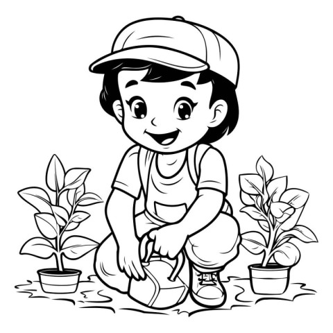 Black and White Cartoon Illustration of Kid Planting a Plant for