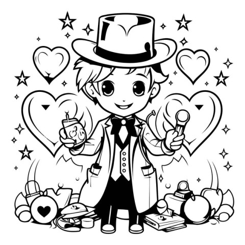 Black and White Cartoon Illustration of a Magician or Magician C